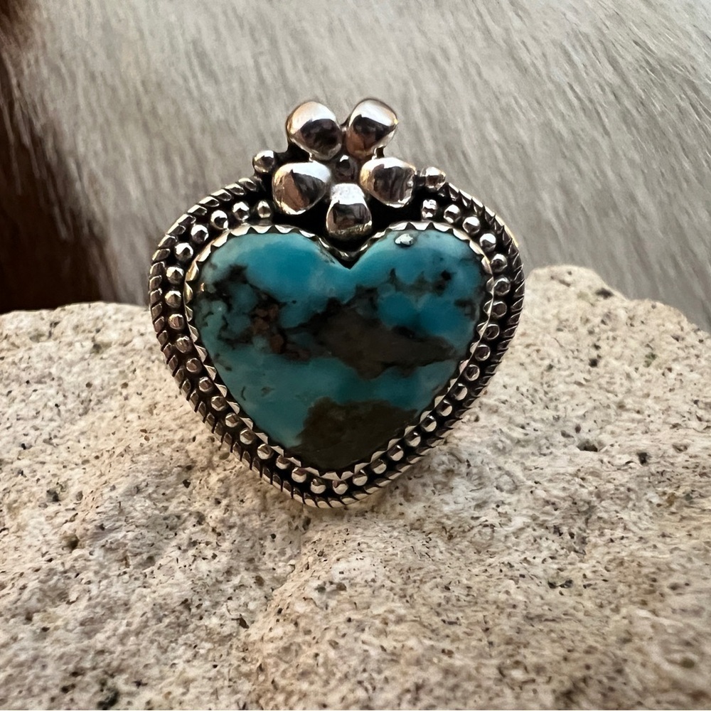 ❤️ Persian Turquoise w Pyrite Heart Squash Blossom Sterling Silver Adj Ring 7.8G